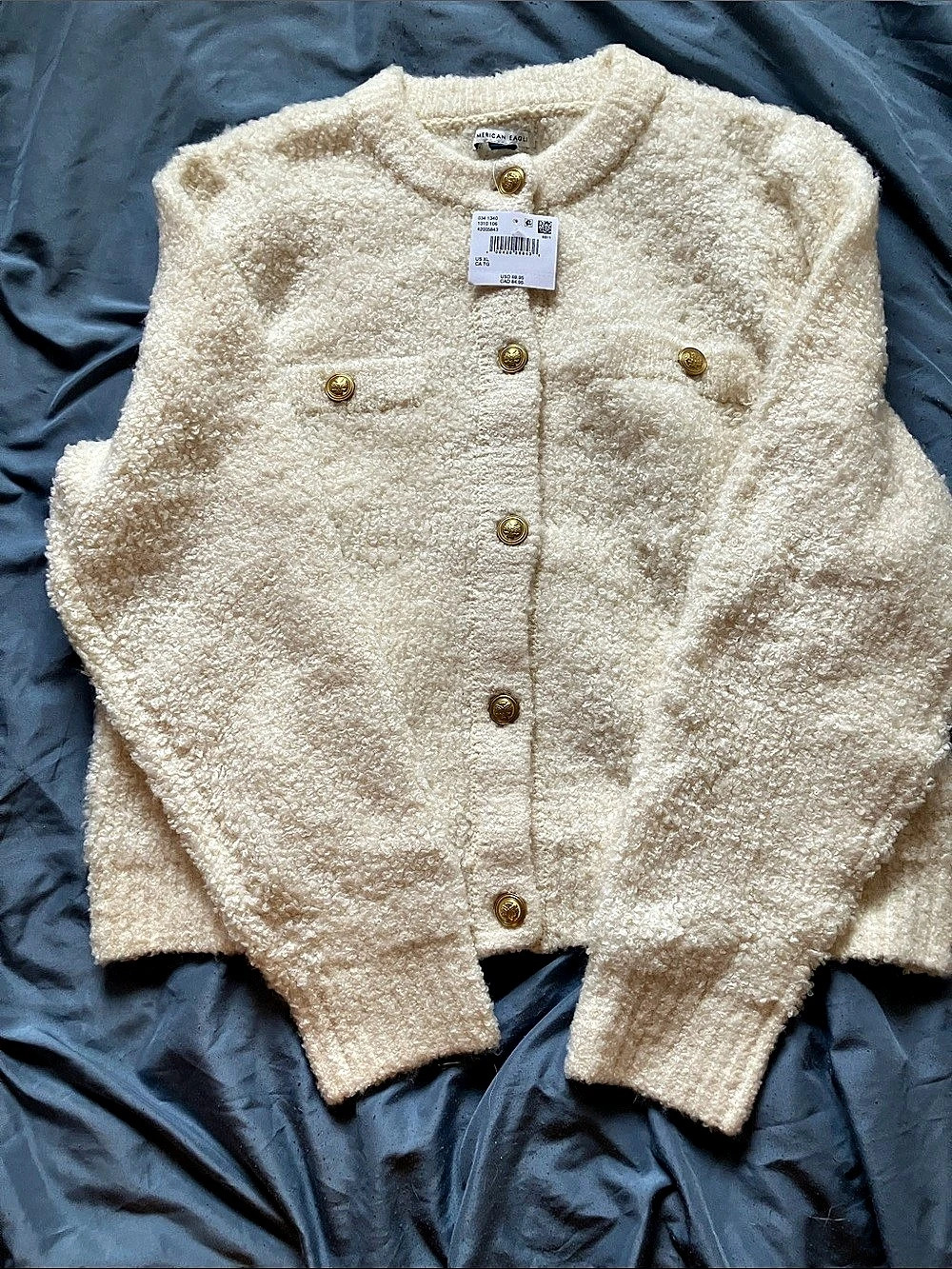 American Eagle Outfitters: Cream Boucle Cardigan- Gold Tone Buttons- XL